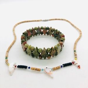 Vintage Heishi Fetish Animal Necklace & Unakite Bracelet